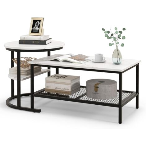 GOPLUS Set di 2 Tavolini da Caffè, Tavolino Rettangolare e Tavolino Rotondo Separabili con Piano Effetto Marmo Bianco, Telaio in Metallo Resistente, Tavolino Moderno per Soggiorno (Bianco e Nero) (1/5)