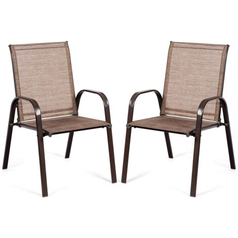GOPLUS Set di 2 Sedie da Giardino, Sedie da Esterno da Patio Salvaspazio con Tessuto Traspirante, Set di 2 Sedie da Giardino con Braccioli e Schienale Alto per Patio Giardino (Marrone) (1/5)