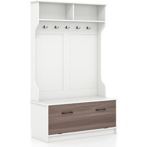 GOPLUS Armadio con Appendiabiti, Appendiabiti con Panca, 5 Ganci, Armadio Guardaroba per Ingresso, Camera da Letto e Corridoio, 100 x 40 x 160 cm (Bianco)