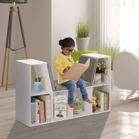 GOPLUS Mobiletti per Bambini, Scaffale Libreria in Legno, Seduta con Cuscino, Carico 80 kg, Bianco, 102,5 x 30 x 63,5 cm