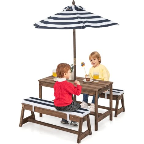 GOPLUS Set Tavolo e Panche 4 in 1 per Bambini, Mobili da Giardino con Ombrellone, Tavolo Attività e Panche in Legno di Abete con Cuscini, Set di Mobili Portatili da Esterno per 4 Bambini (Blu)