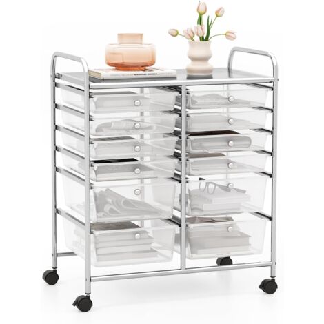 GOPLUS Carrello Portaoggetti con Ruote, 12 Cassetti, Carrellino Organizzatore Salvaspazio, per Uffici, Parrucchieri, Studio, Soggiorno, 64 x 38 x 75 cm (Trasparente)