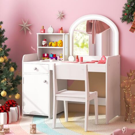 GOPLUS Set di Toeletta Trucco per Bambini 3+ Anni con Luci a 2 Colori, Tavolo Trucco e Sedia con Rpiani, Cassetto e Anta, Specchio Acrilico (Bianco)