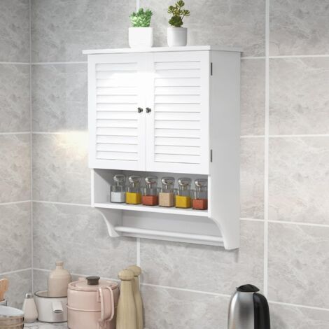 GOPLUS Armadietto da Parete per Bagno con 2 Ante a Persiana, Ripiano Aperto, Porta Asciugamani, Armadietto con Ripiano Regolabile a 3 Livelli, per Bagno, Soggiorno, Cucina (Bianco)
