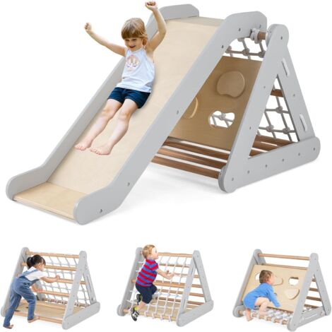 GOPLUS 3 in 1 Scala di Arrampicata per Bambini, con Rete di Arrampicata, Tavola e Scala di Arrampicata e Scivolo, Struttura a Triangolo in Legno per Uso Interno (Grigio)