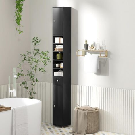 GOPLUS Mobile da Bagno Stretto, Armadio Alto Portaoggetti, con 2 Ante, 1 Cassetto, 5 Ripiani Regolabili, Dispositivo Antiribaltamento, Colonna WC per Piccoli Spazi, 20x20x180 cm (Nero)