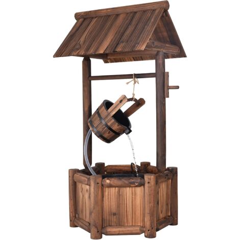 GOPLUS Fontana da Giardino in Legno di Pino, Fontana Decorativa con Cascata e Pompa dell'Acqua, Fontana dei Desideri con Tetto per Giardino, Cortile, Balcone e Terrazza, 59 x 56 x 115cm, Marrone
