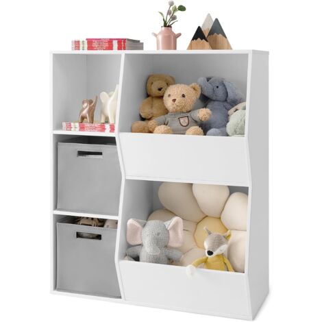 GOPLUS Organizzatore di Archiviazione Giocattoli per Bambini a 5 Cubi, Libreria in Legno con 2 Ceste Rimovibili, Mobile Portagiochi Espositore (Bianco + Grigio)