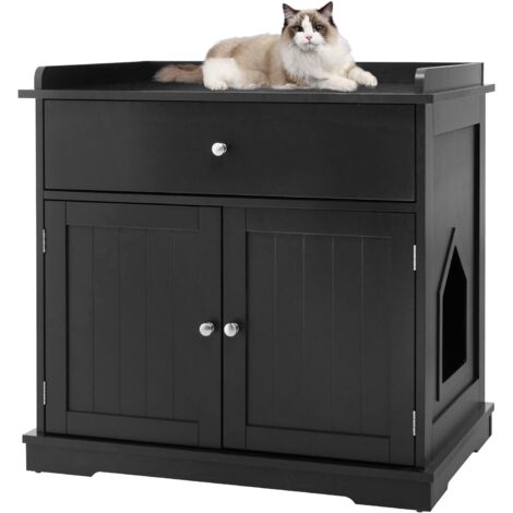 GOPLUS Casa per Gatti con Armadio a Doppia Anta, Cuccia per Gatti con Cassetto e Ampia Superficie, Toilette per Gatti con Finestra e Maniglie Metalliche, 76 X 53 X 74 CM (Nero)