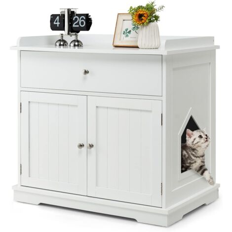 GOPLUS Casa per Gatti con Armadio a Doppia Anta, Cuccia per Gatti con Cassetto e Ampia Superficie, Toilette per Gatti con Finestra e Maniglie Metalliche, 76 X 53 X 74 CM (Bianco)