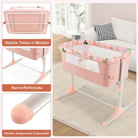 GOPLUS Lettino Fianco Letto 2 in 1, Lettino da Viaggio per Bambini, Culla Co-sleeping, Altezza Regolabile in 4 Posizioni, Design Inclinabile, Struttura in Lega di Alluminio con Borsa da Trasporto