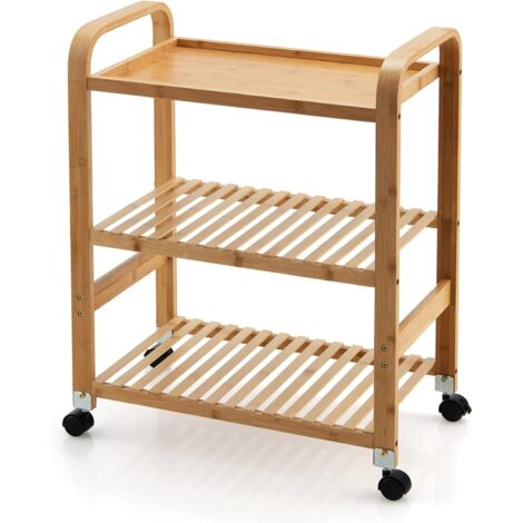 GOPLUS Carrello Cucina in Bambù con 3 Ripiani, Carrello Portaoggetti con 4 Ruote Girevoli, Carrello Multifunzionale per Soggiorno/Cucina, 58X33X76 CM