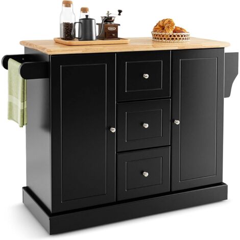 GOPLUS Carrello da Cucina a Rotelle, Isola da Cucina con Piano Lavoro in Gomma, Cassetti, Porta Asciugamani e Scaffale Portaspezie, Ideale per Soggiorno, Ristorante, 127 x 46 x 91,5cm (Nero)