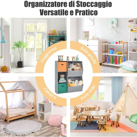 Organizzatore Giocattoli Bambini 5 Cubi Con Ceste | Libreria In Legno MDF Grigio 77x35x94 Cm | Per Camera Bambini
