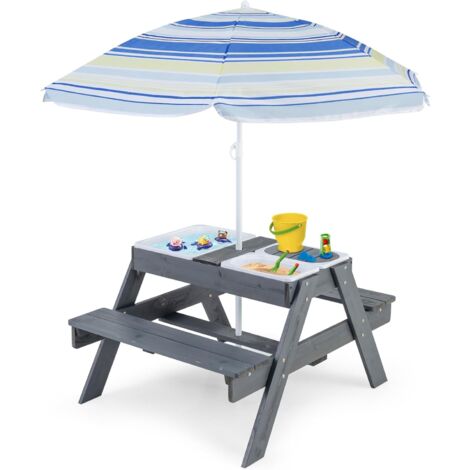 GOPLUS Set Tavolo da Picnic e Panchina, Tavolo 4 in 1 con Piano Rimovibile e 3 Contenitori, Tavolo da Picnic in Legno Convertibile con Ombrellone Regolabile per Bambini 3 Anni +