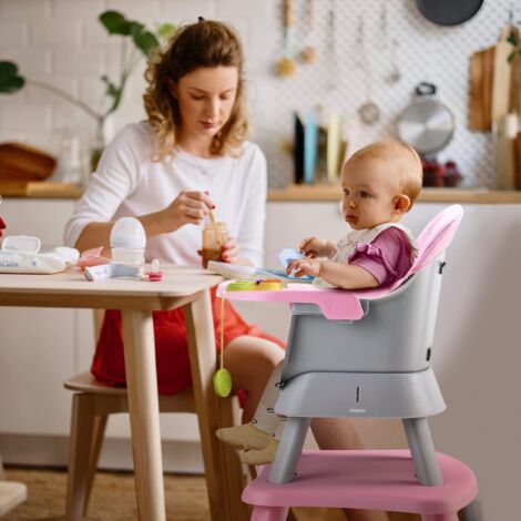 GOPLUS Seggiolone Convertibile 6-in-1 per Bambini, con Tavolo Blocchi, Vassoio Rimovibile, Piedi Antiscivolo, Imbracatura a 5 Punti, per Bambini 6-36 Mesi, 57x58x98 cm, Grigio/Rosa (Rosa)