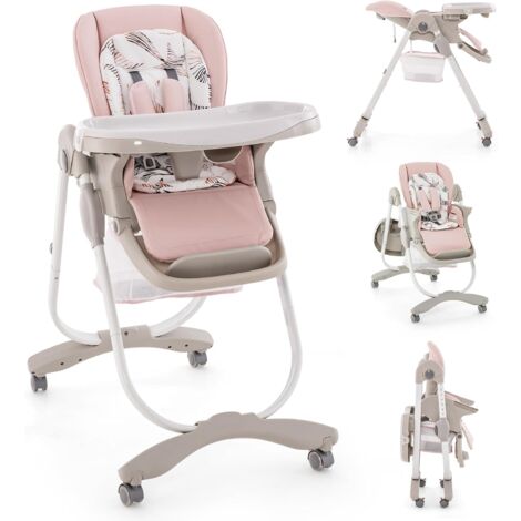 GOPLUS Seggiolone per Bambini, Seggiolone Pieghevole con Altezza, Schienale e Poggia Piedi Regolabili, Doppio Vassoio Rimovibile, Ruote Bloccabili, Tasca Portaoggetti, per 6-36 Mesi (Rosa)