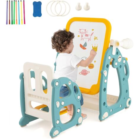 GOPLUS Tavolozza Artistica 4 in 1 per Bambini con Sedia, Set Tavolo e Sedia per Disegno per Bambini con Lavagna Magnetica Regolabile, Lavagna Cancellabile e Pennarelli, per Bambini da 1 a 8 Anni