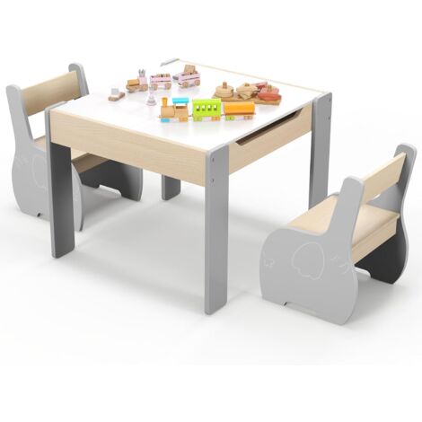 GOPLUS Set Tavolo e Sedie per Bambini a 3 Pezzi, con Schienale, Piano Rimovibile, Tavolo Attività 4-in-1 con Motivo Elefante per 3-6 Anni, Adatto per Camera da Letto, Salotto, Sala Giochi (Grigio)