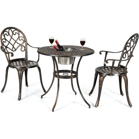 GOPLUS Set di 3 Pezzo Tavolo da Bistro, in Alluminio Fuso Esterno, con Secchiello per il Ghiaccio Rimovibile, Tavolo Rotondo e 2 Sedie, Mobili da Giardino, Bronzo Antico (1/5)