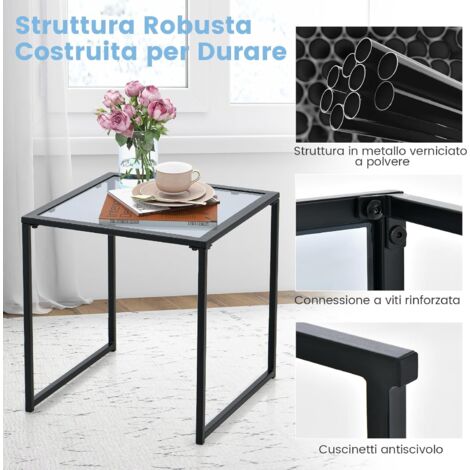 Garden 4 You Tavolino A Forma Di C Extra Alto 60 Cm Con Vetro Temperato E Struttura Metallica Nero, Portatile Per Divano E Letto, Piano 40x30 Cm