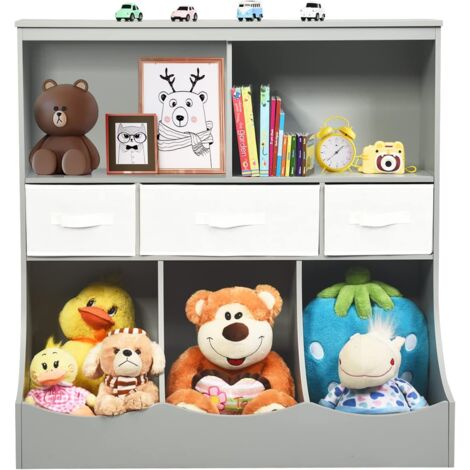 GOPLUS Scaffale per Bambini con 5 Ripiani e 3 Scatole di Stoffa Pieghevoli, Scaffale per Giocattoli, Organizzatore di Giocattoli con Base Stabile, Ideale per Cameretta e Asilo, Bianco (Grigio)