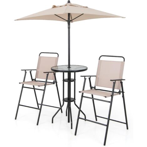 COSTWAY Set Mobili da Giardino 4 Pezzi in Metallo, Tavolo in Vetro e 2 Sedie Pieghevoli, Tavolo da Giardino con Ombrellone e Sedie, per Giardino, Portico, Balcone (Con Ombrello)