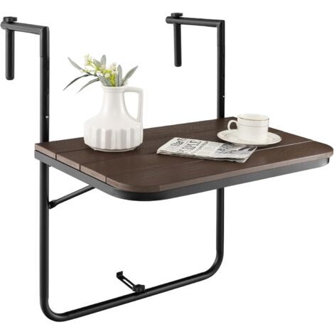 GOPLUS Tavolino da Appendere al Balcone, Tavolino Sospeso Pieghevole e Regolabile in Altezza, Resistente alle Intemperie e Senza Ruggine per Ringhiere del Balcone, fino a 30 kg, 60×62,5×84 cm (Marrone