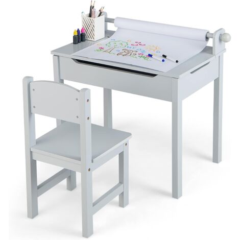 GOPLUS Set Tavolo e Sedia per Bambini, Tavolo da Disegno con Rotolo di Carta per Bambini, Scrivania con Spazio di Archiviazione & Gambe in Legno di Pino, per Disegnare, Studiare (Grigio)