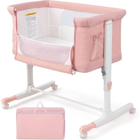 GOPLUS Culla per Bambini 3 in 1, Dormeuse Portatile con Modalità Culla, Materasso Rimovibile, Altezza Regolabile, Tasche Portaoggetti e Ruote Bloccabili, Beige/Grigio/Rosa (Rosa)