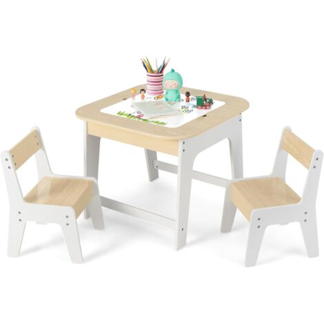 GOPLUS Tavolo per Bambini con 2 Sedie, Tavolo da Pittura con Piano d'Appoggio Rimovibile e Spazio di Archiviazione, Tavolo per Bambini con Lavagna e Lavagna Bianca per Dipingere e Scrivere