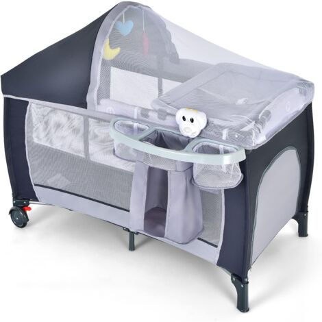 GOPLUS Lettino Culla da Viaggio, Pieghevole in Borsa, con Zanzariera, Fasciatoio Staccabile, Portaoggetti, Carillon, Ruote con Freno, Età Cosigliata 0-36 Mesi, 15kg (Grigio)