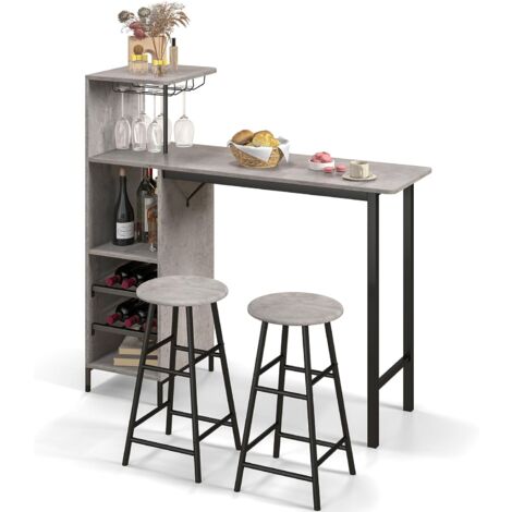 GOPLUS Set di Tavolo e 2 Sgabelli da Bar, Salvaspazio con Portabicchieri, Portabottiglie e Mensole Aperte (Grigio)