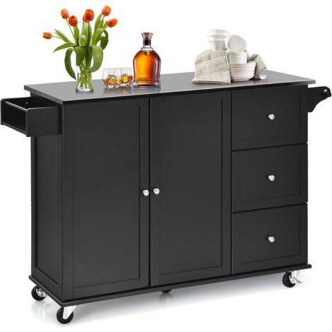 GOPLUS Carrello da Cucina, Isola da Cucina con piano di Lavoro in Acciaio Inox e 3 Cassetti, Carrello da Portata con Ruote e Ripiani Regolabili per Sala da Pranzo, 135 x 45,5 x 91,5 cm (NERO)