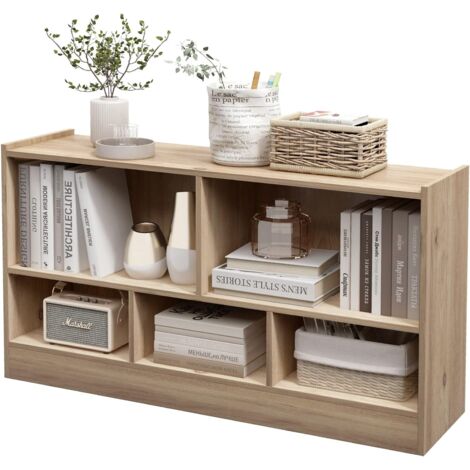 GOPLUS Libreria Bassa in Legno, 2 Livelli, 5 Scomparti, Deposito Classificato, Ideale per Soggiorno, Studio ed Ufficio, Stile Moderno, 112 x 30,5 x 61 cm (Naturale)