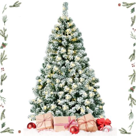 GOPLUS Albero di Natale Slim Illuminato 140 cm, 200 LED Incorporate, Luce Calda Bianca, 400 Rami Innevati in PVC, Supporto Pieghevole in Metallo, Divisibile per Montaggio e Trasporto, per Casa/Negozio
