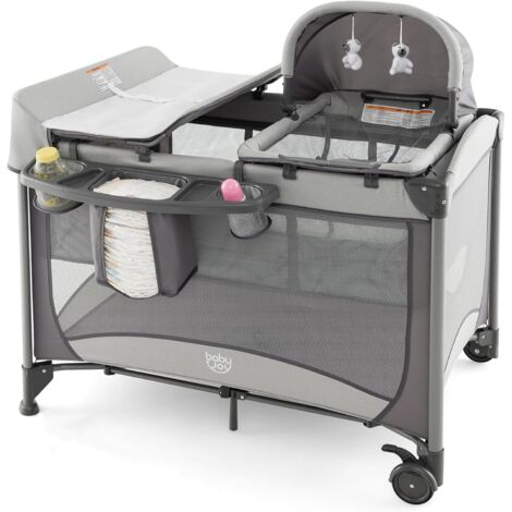 GOPLUS Lettino per Bambini, Lettino da Viaggio Pieghevole 5 in 1, con Fasciatoio, Materasso, Altezza Regolabile, Giocattolo da Appendere, per Bambini da 0 a 36 Mesi, 110 x 78 x 78 cm (Grigio)