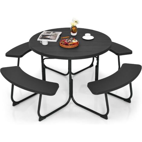 GOPLUS Tavolo da picnic all'aperto, tavolo portatile con 4 panche e foro per ombrellone, set da tavolo da picnic rotondo per 8 persone per giardino e terrazzo, 190 x 76 cm (Nero)