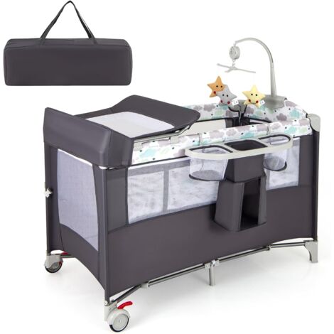 GOPLUS Culla 5 in 1 con Fasciatoio, Palestrina, Scatola Musicale, Giochi, da Viaggio per Bambini, Lettino Portatile con Borsa da Trasporto per Neonati e Bambini (Grigio)