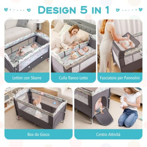 GOPLUS Culla 5 in 1 con Fasciatoio, Palestrina, Scatola Musicale, Giochi, da Viaggio per Bambini, Lettino Portatile con Borsa da Trasporto per Neonati e Bambini (Grigio)
