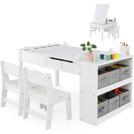 GYMAX Set Di Tavolo E Sedia Per Bambin 6 In 1, Cavalletto Pieghevole Con Base Per Blocchi Reversibile, 4 Cestini, 100+ Accessori, Tavolo Da Gioco Con - copertina