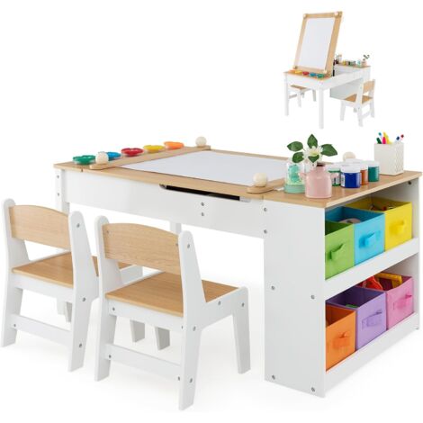 GOPLUS Set Tavolo Artistico 2 in 1 con Sedie, Tavolo da Pittura & Cavalletto, Set Tavolo e 2 Sedie per Bambini, con 6 Scatole di Conservazione, Tavolo Attività per Disegnare & Scrivere (Naturale)