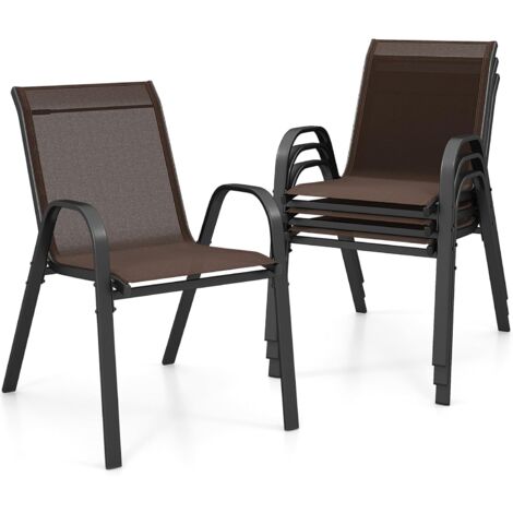 GOPLUS Set di 2/4 Sedie da Giardino Impilabili con Tessuto Resistente alle Intemperie, Poltroncine da Esterno in Metallo per Giardino, Cortile, Portata 150 kg, 56 x 70 x 84 cm (Marrone, 4 Pezzi)