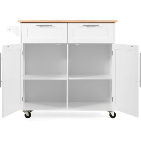 GOPLUS Isola da Cucina con Ruote e Armadietto a 2 Ante, Carrello di Stoccaggio Grande con Piano in Legno di Gomma, Cassetti, Porta Asciugamani, Carrello Utilitario (Bianco)