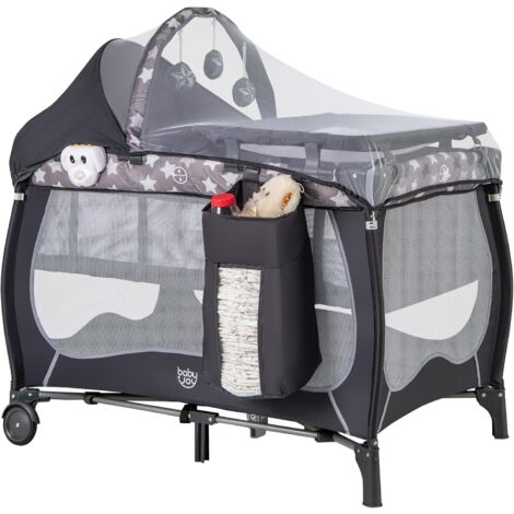 GOPLUS Lettino 4-in-1 per Bambini, Portatile con Culla, Fasciatoio, Carillon, Giocattoli Appesi, Ruote e Borsa di Stoccaggio, Lettino Pieghevole per Neonati e Bambini fino a 3 Anni (Stella)