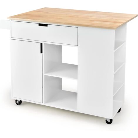 GOPLUS  Carrello da Cucina, Isola da Cucina con Piano Pieghevole in Gomma, 1 Armadio, 1 Cassetto e 6 Scomparti, Carrello Stile Moderno con Ruote Bloccabili, Nero/Bianco (Bianco)