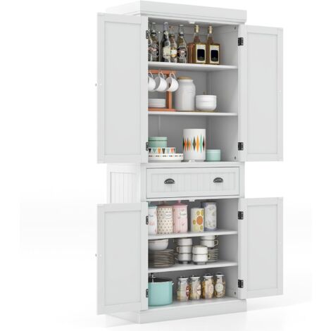 GOPLUS Credenza dispensa da cucina alta 183,5 cm a 4 ante con cassetto e ripiani regolabili, mobile da cucina alto per sala da pranzo, soggiorno, corridoio (Bianco)