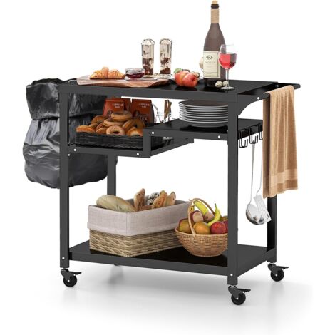 GOPLUS Carrello da Barbecue per Esterno, Carrello BBQ Mobile con Ripiani, Ganci, Tavolo Multifunzionale con Ruote Bloccabili e Maniglia Laterale