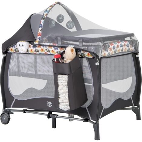 GOPLUS Lettino 4-in-1 per Bambini, Portatile con Culla, Fasciatoio, Carillon, Giocattoli Appesi, Ruote e Borsa di Stoccaggio, Lettino Pieghevole per Neonati e Bambini fino a 3 Anni (Elefante)