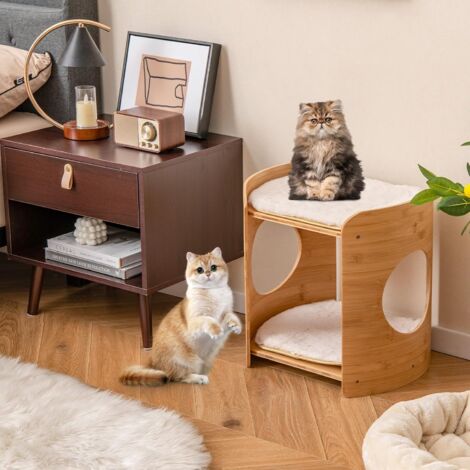 GOPLUS Cuccia per Gatti a 2 Piani, Letti Doppi Rialzati per Gatti, Carino Torre per Gatti in Bamboo, Cuscini Rimovibili e Lavabili, Fori di Accesso, Mobili Condo per Gatti, 40 x 33 x 41 cm